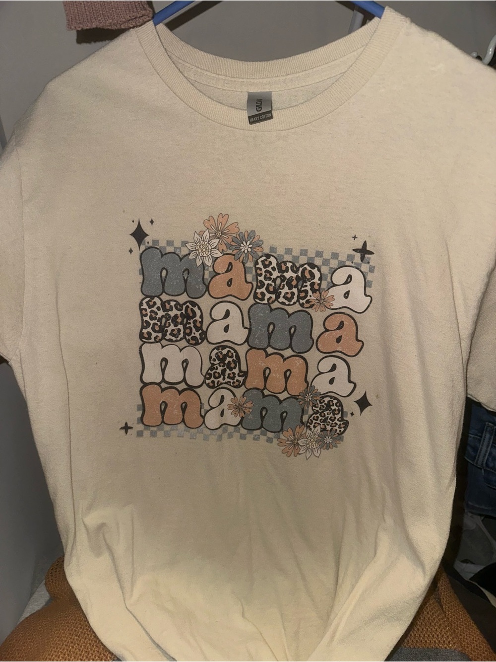 Gildan Cream Tee with Pastel Blue and Peach 'Mama' Graphic